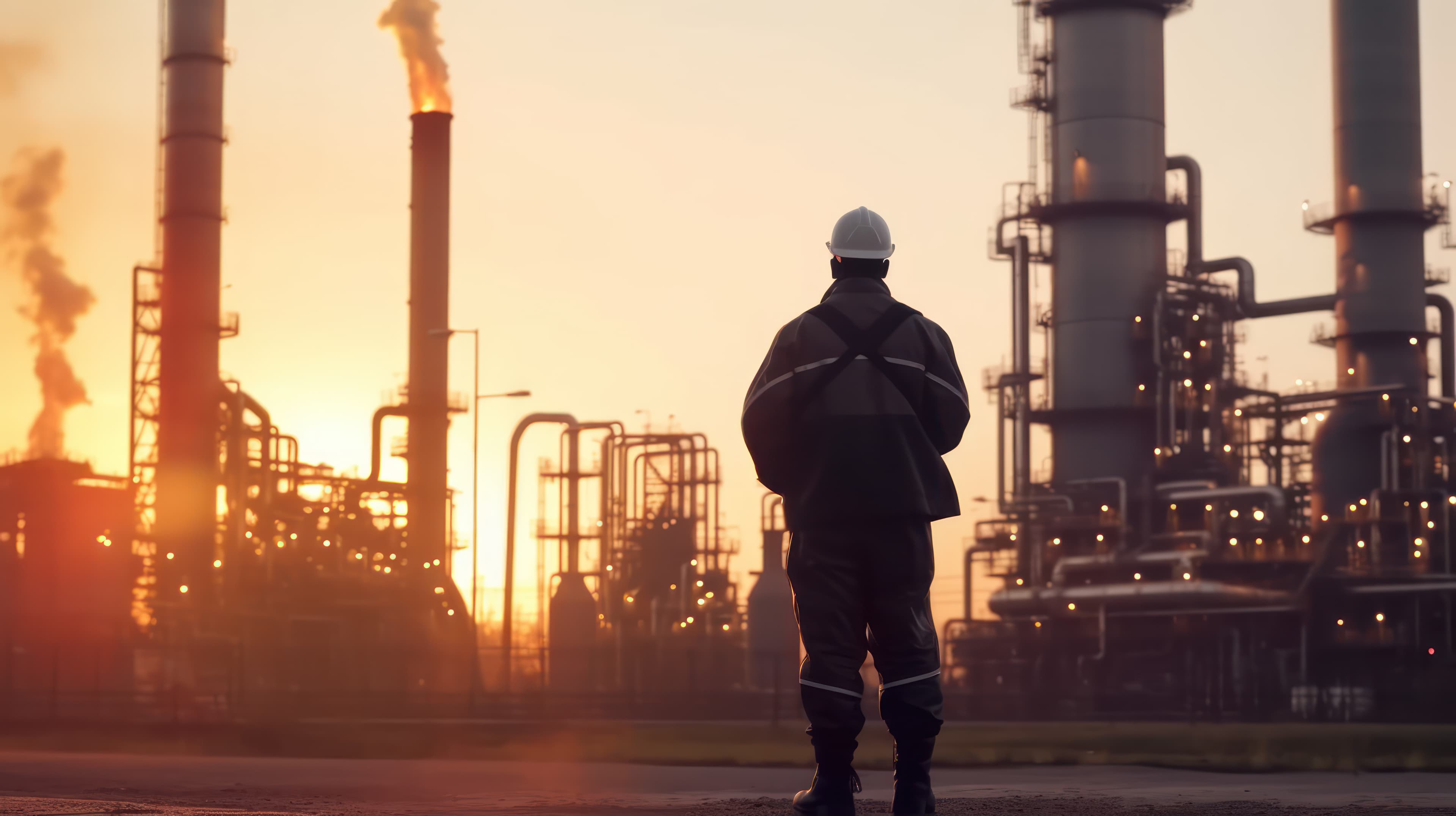 Landscape shot of an Engineer Standing and Looking at an Oil Refinery