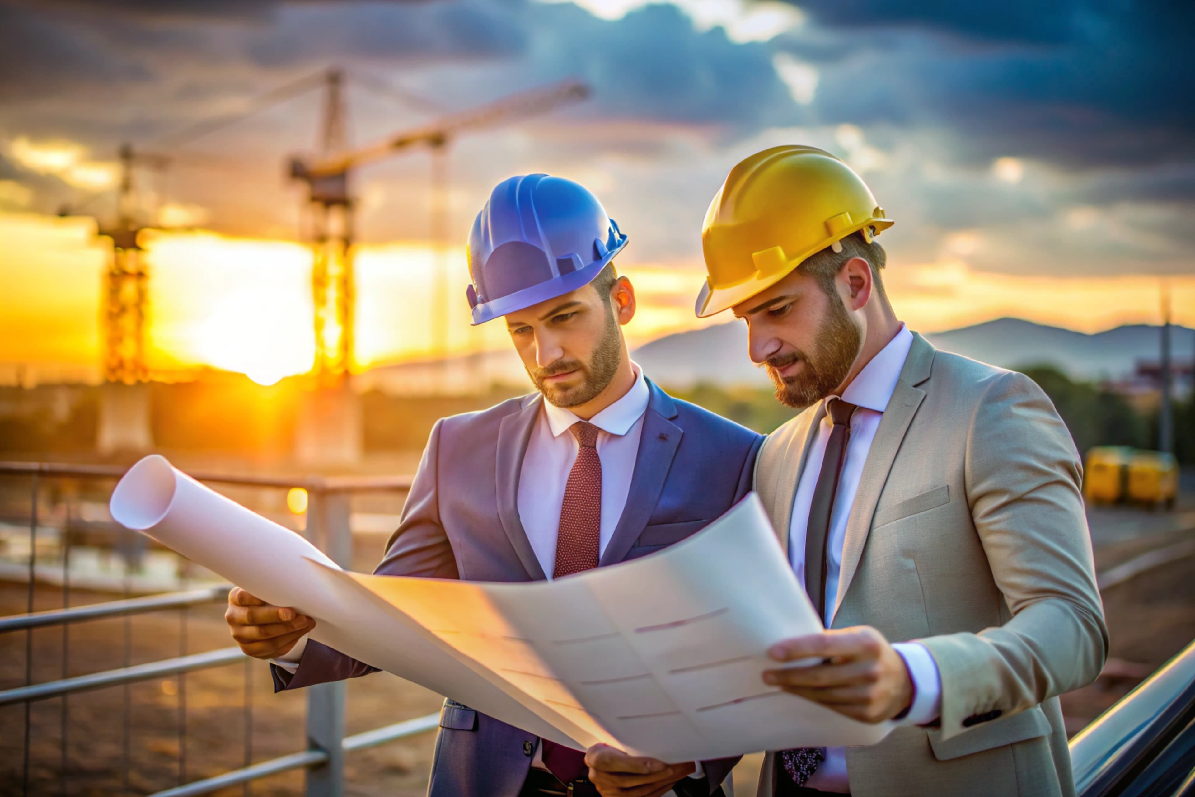 Landscape Image of Two Engineers Reviewing Schematics In front of an Industrial Construction Site