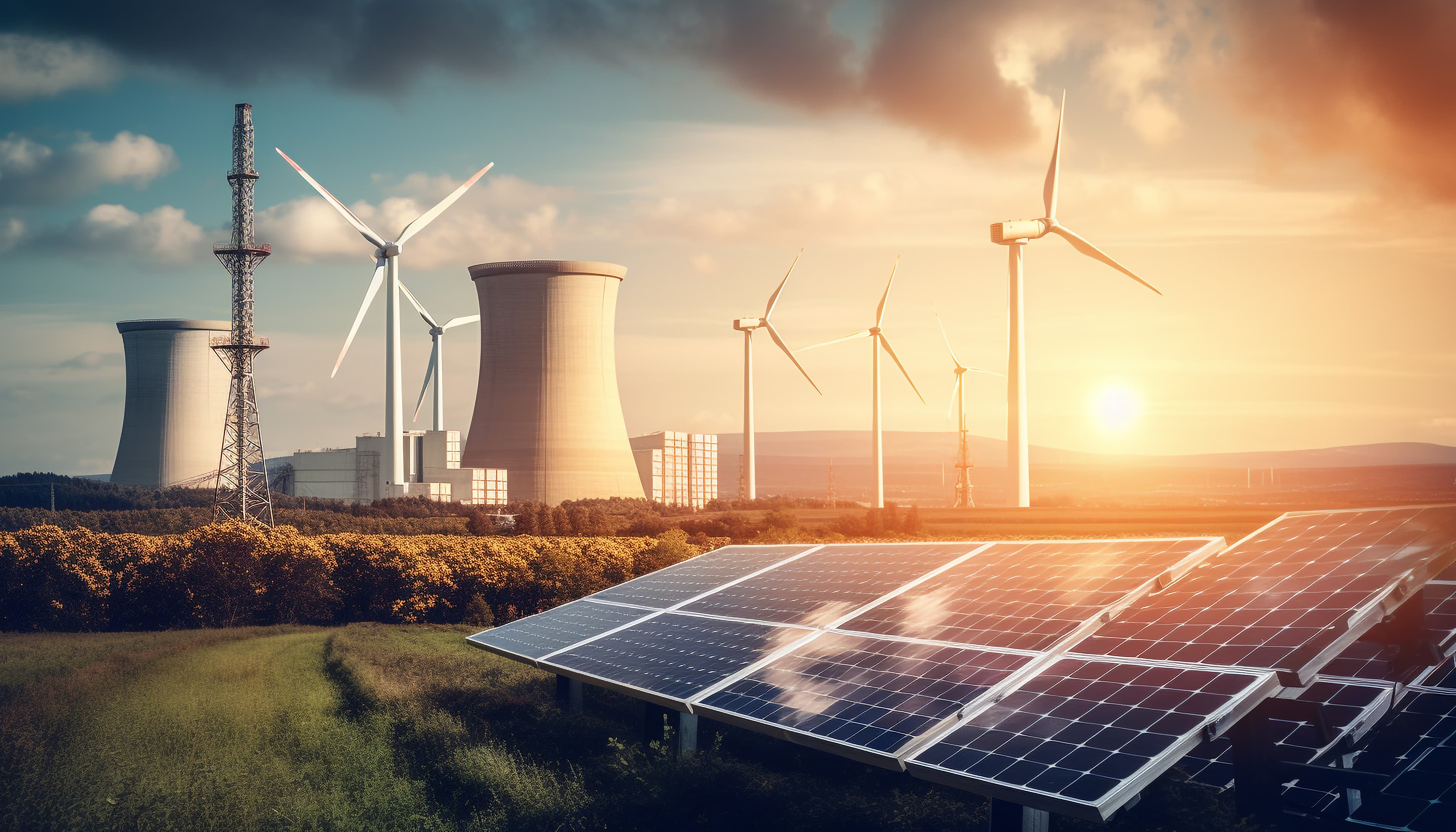 Image of Energy Generation Facilities like Wind Mills, Solar Panels, Thermal Plants.